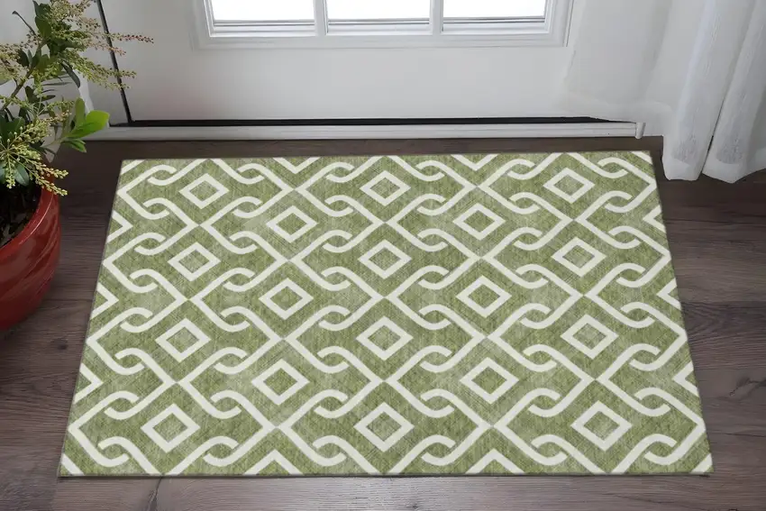 Olive Green And Ivory Geometric Washable Area Rug With UV Protection Photo 2