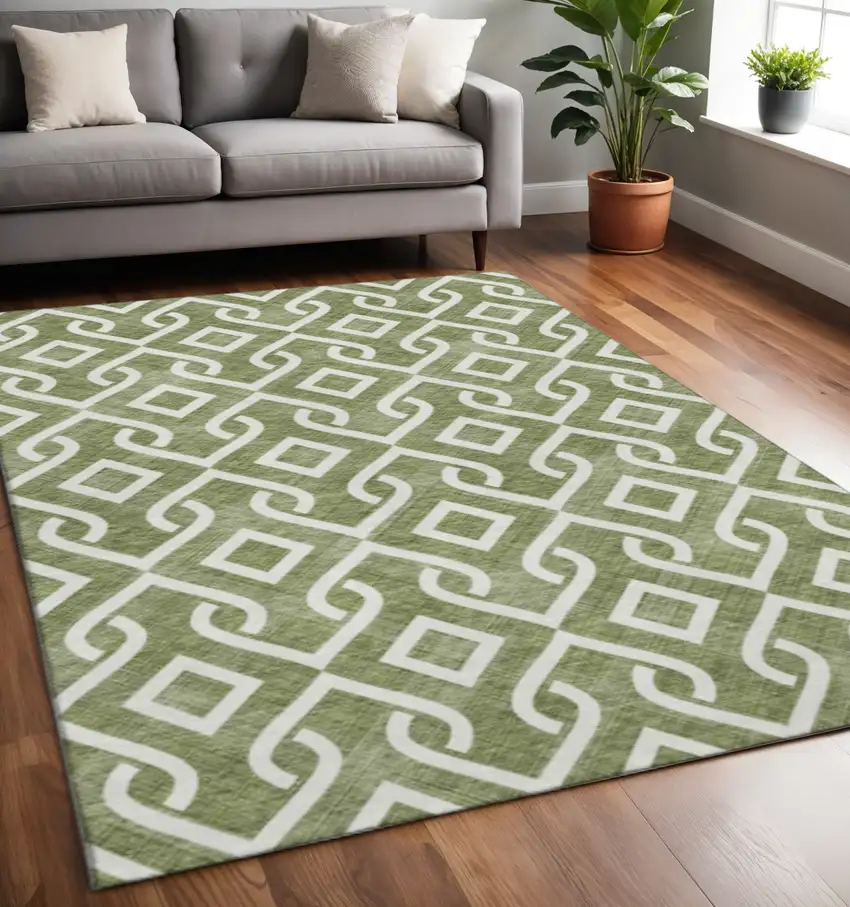 Olive Green And Ivory Geometric Washable Area Rug With UV Protection Photo 2