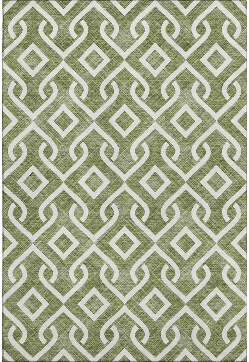 Olive Green And Ivory Geometric Washable Area Rug With UV Protection Photo 1