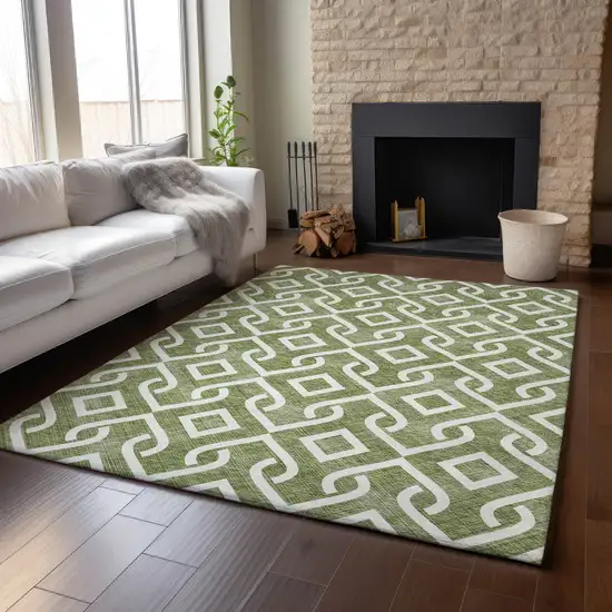 Olive Green And Ivory Geometric Washable Area Rug With UV Protection Photo 5