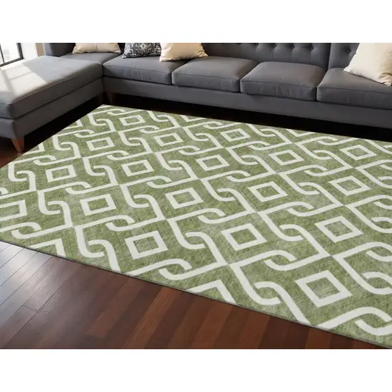 Olive Green And Ivory Geometric Washable Area Rug With UV Protection Photo 2