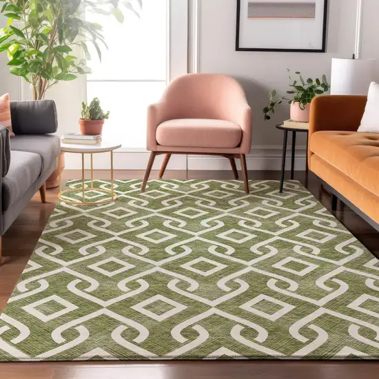 Olive Green And Ivory Geometric Washable Area Rug With UV Protection Photo 3