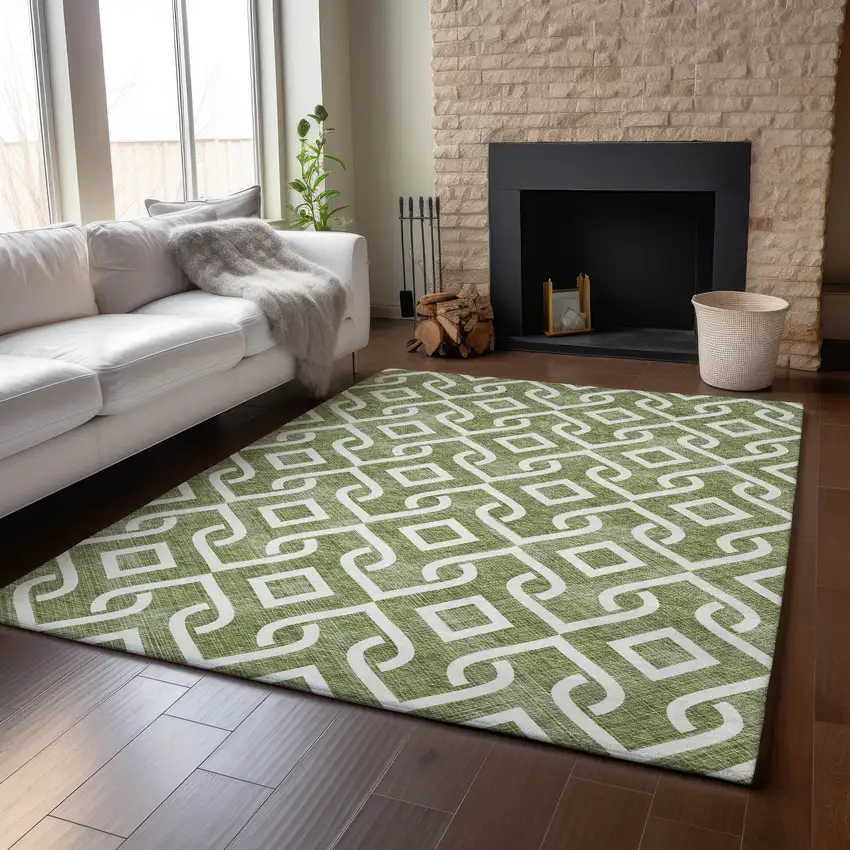 Olive Green And Ivory Geometric Washable Area Rug With UV Protection Photo 4