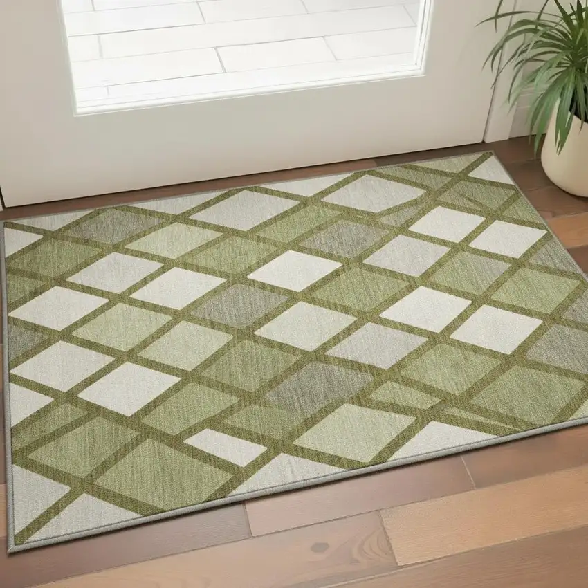 Olive Green And Ivory Geometric Washable Area Rug With UV Protection Photo 2