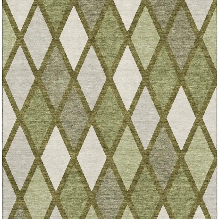 Olive Green And Ivory Geometric Washable Area Rug With UV Protection Photo 4