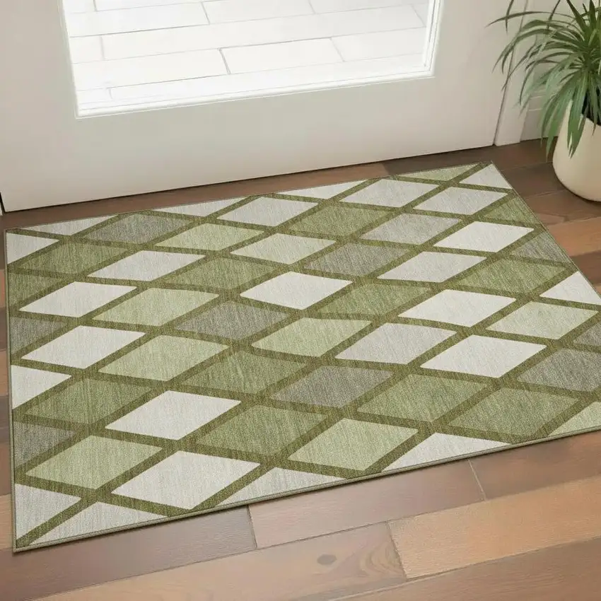 Olive Green And Ivory Geometric Washable Area Rug With UV Protection Photo 1