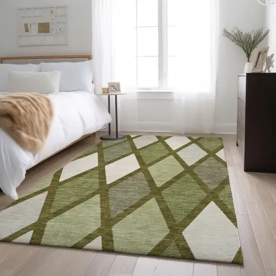 Olive Green And Ivory Geometric Washable Area Rug With UV Protection Photo 5