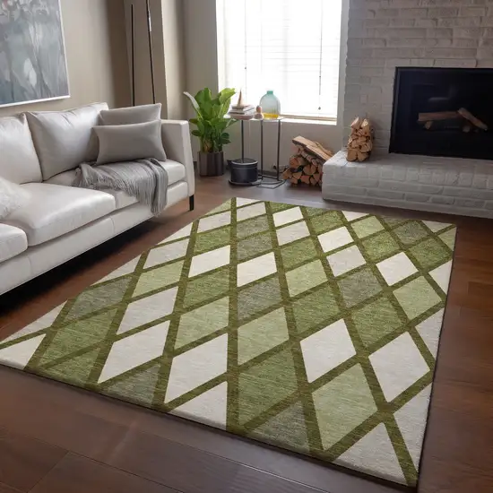 Olive Green And Ivory Geometric Washable Area Rug With UV Protection Photo 6