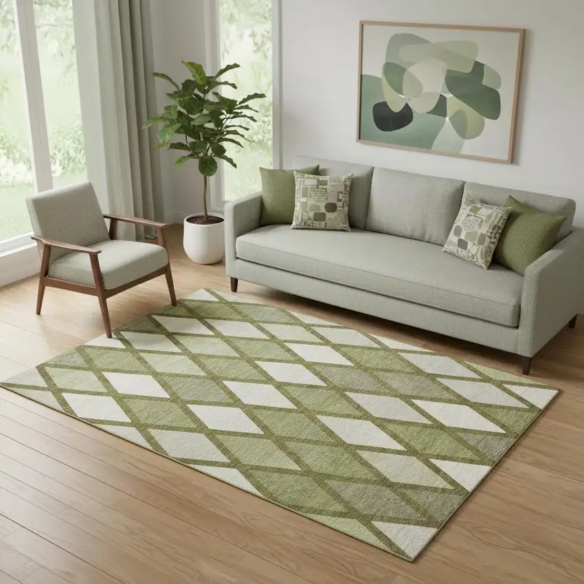 Olive Green And Ivory Geometric Washable Area Rug With UV Protection Photo 1