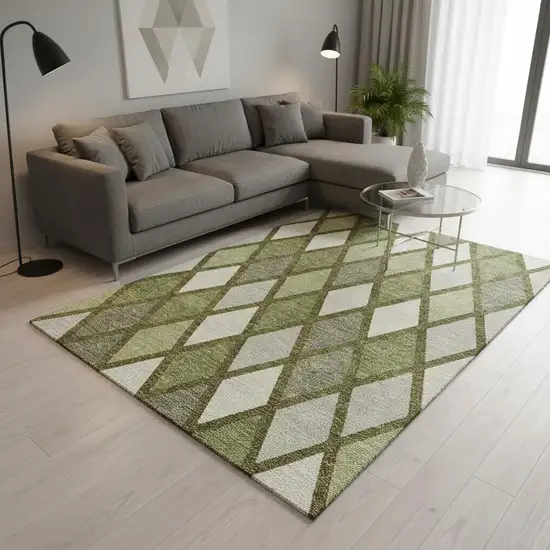 Olive Green And Ivory Geometric Washable Area Rug With UV Protection Photo 2