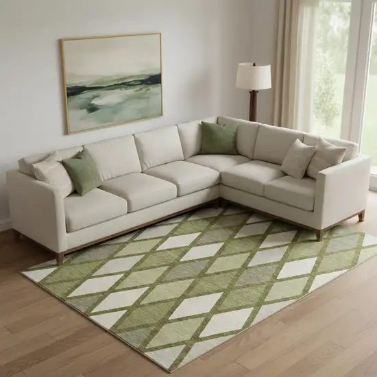 Olive Green And Ivory Geometric Washable Area Rug With UV Protection Photo 1