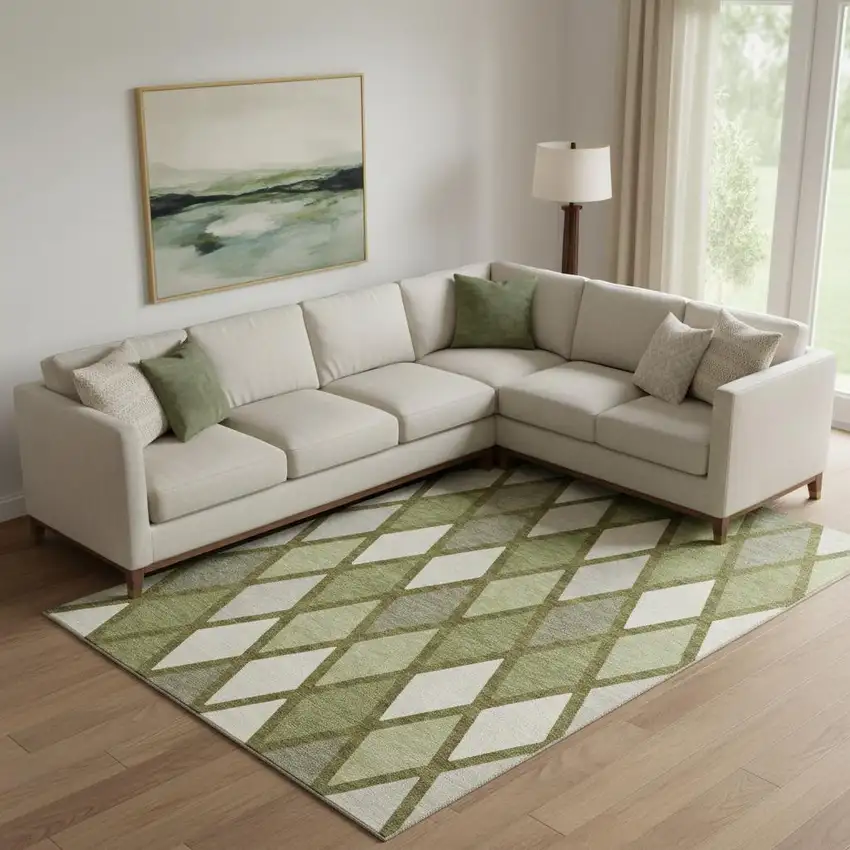 Olive Green And Ivory Geometric Washable Area Rug With UV Protection Photo 1