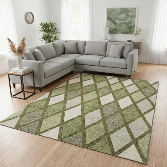 Olive Green And Ivory Geometric Washable Area Rug With UV Protection Photo 2