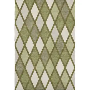 Photo of Olive Green And Ivory Geometric Washable Area Rug With UV Protection
