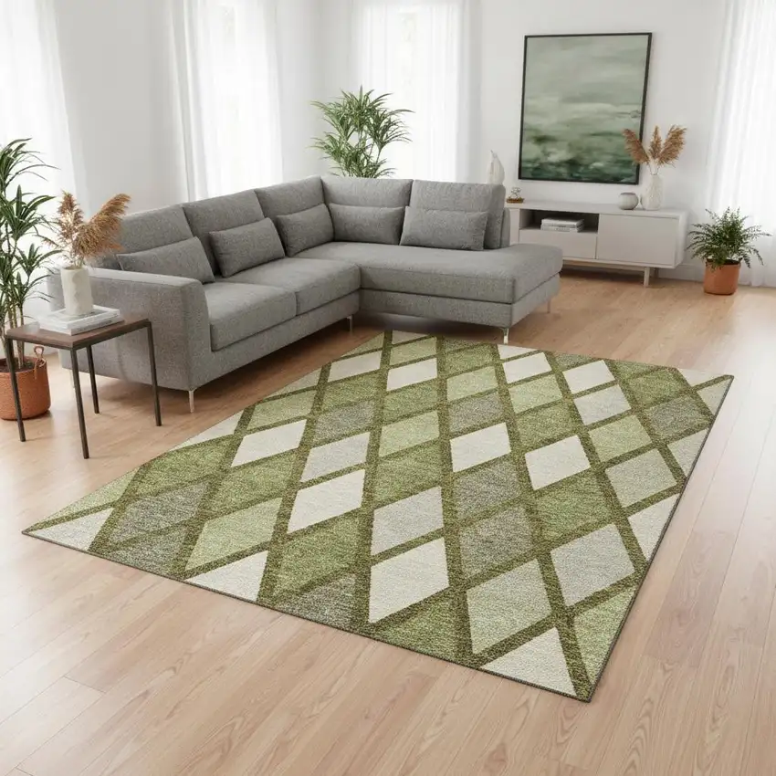 Olive Green And Ivory Geometric Washable Area Rug With UV Protection Photo 2