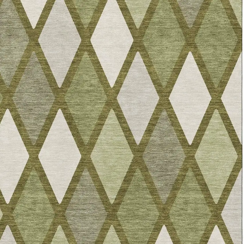 Olive Green And Ivory Geometric Washable Area Rug With UV Protection Photo 3