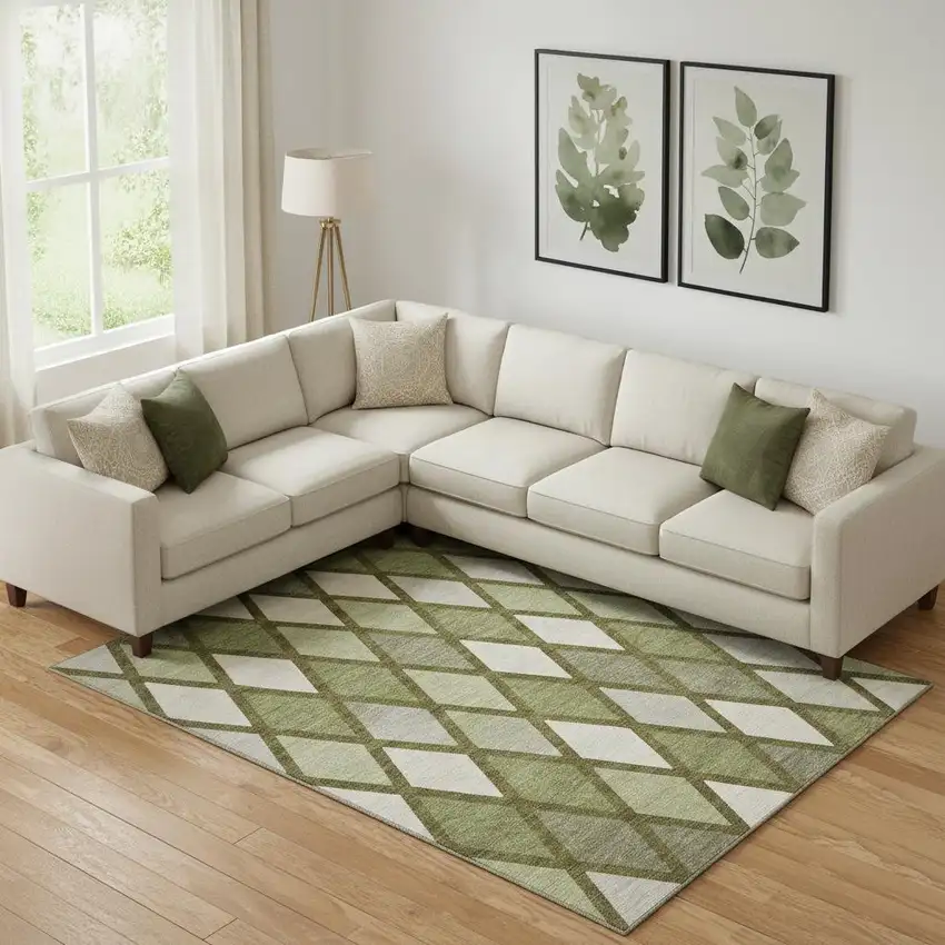 Olive Green And Ivory Geometric Washable Area Rug With UV Protection Photo 1