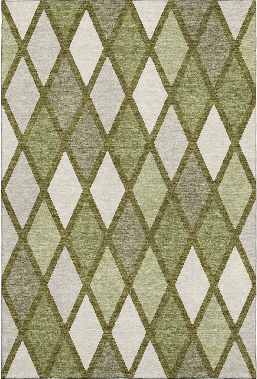Olive Green And Ivory Geometric Washable Area Rug With UV Protection Photo 1