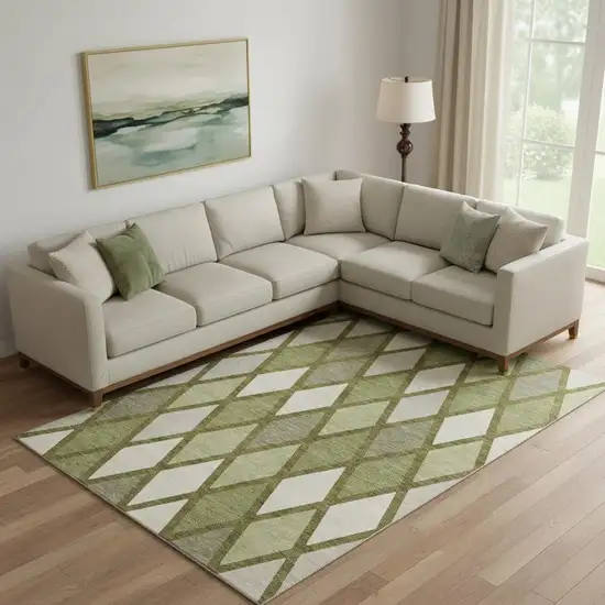 Olive Green And Ivory Geometric Washable Area Rug With UV Protection Photo 1