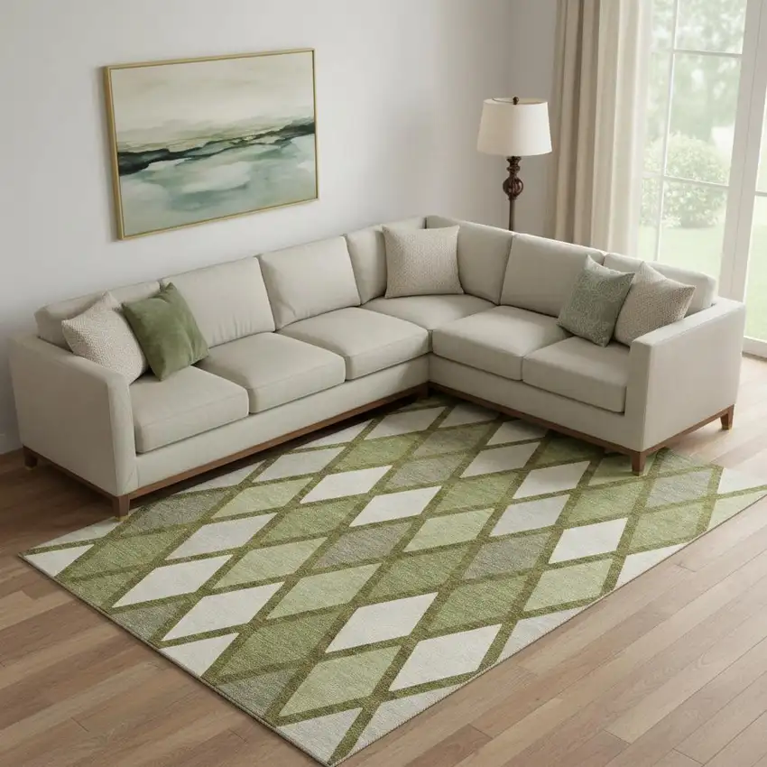 Olive Green And Ivory Geometric Washable Area Rug With UV Protection Photo 1