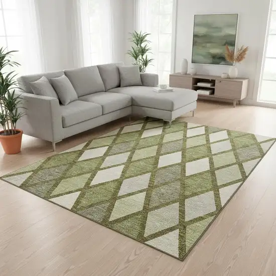 Olive Green And Ivory Geometric Washable Area Rug With UV Protection Photo 2