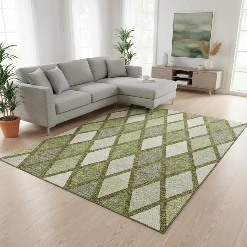 Olive Green And Ivory Geometric Washable Area Rug With UV Protection Photo 2