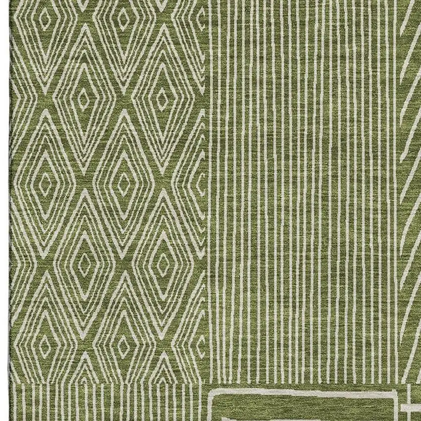 Olive Green And Ivory Geometric Washable Area Rug With UV Protection Photo 3