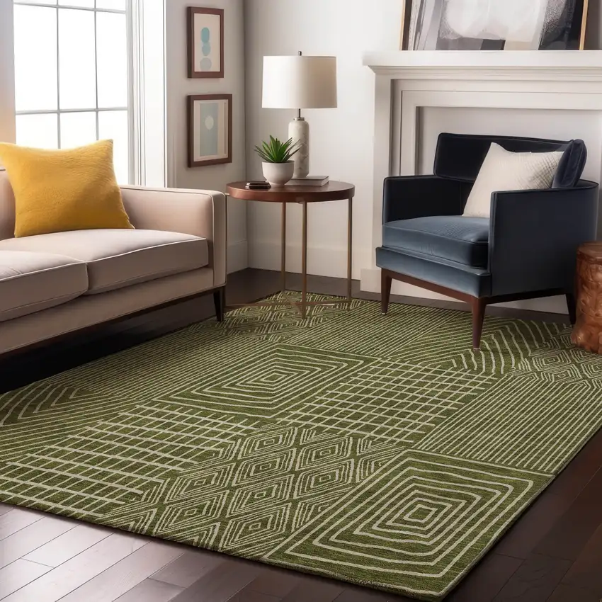 Olive Green And Ivory Geometric Washable Area Rug With UV Protection Photo 4