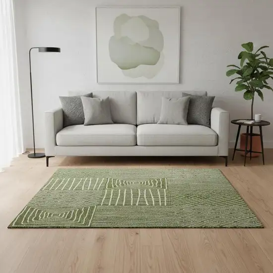 Olive Green And Ivory Geometric Washable Area Rug With UV Protection Photo 2