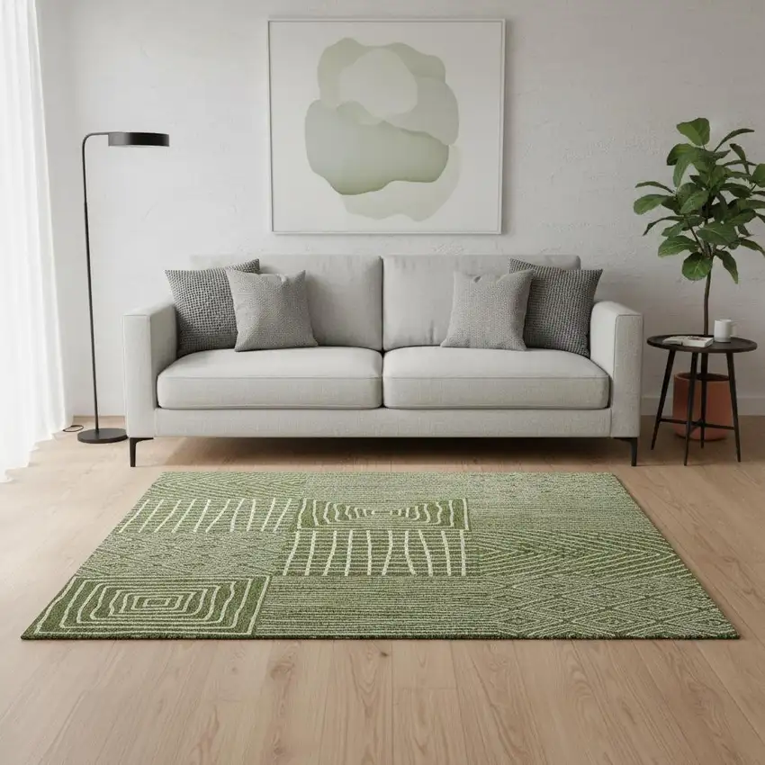 Olive Green And Ivory Geometric Washable Area Rug With UV Protection Photo 2