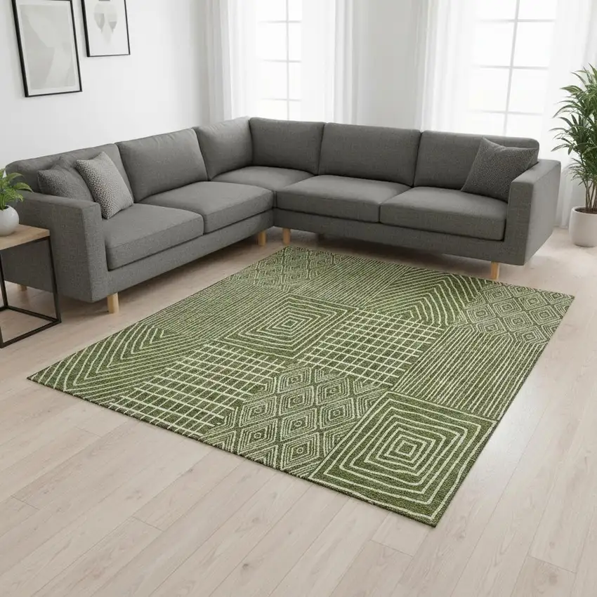 Olive Green And Ivory Geometric Washable Area Rug With UV Protection Photo 2