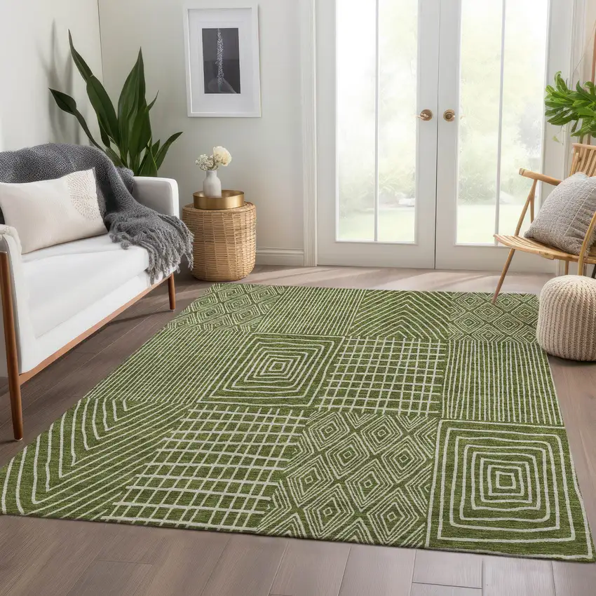 Olive Green And Ivory Geometric Washable Area Rug With UV Protection Photo 4