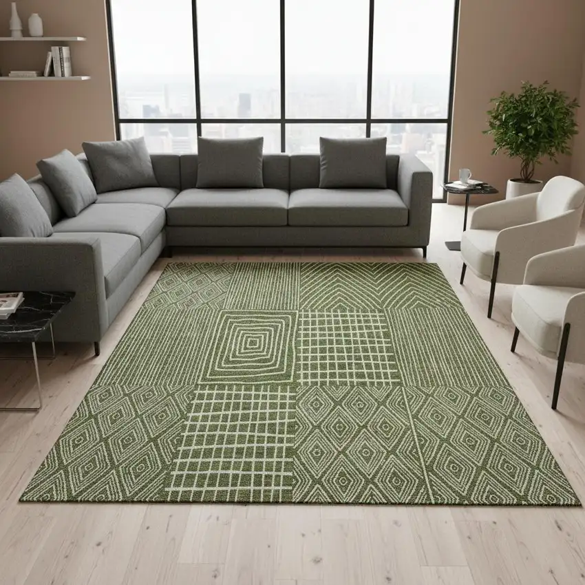 Olive Green And Ivory Geometric Washable Area Rug With UV Protection Photo 2