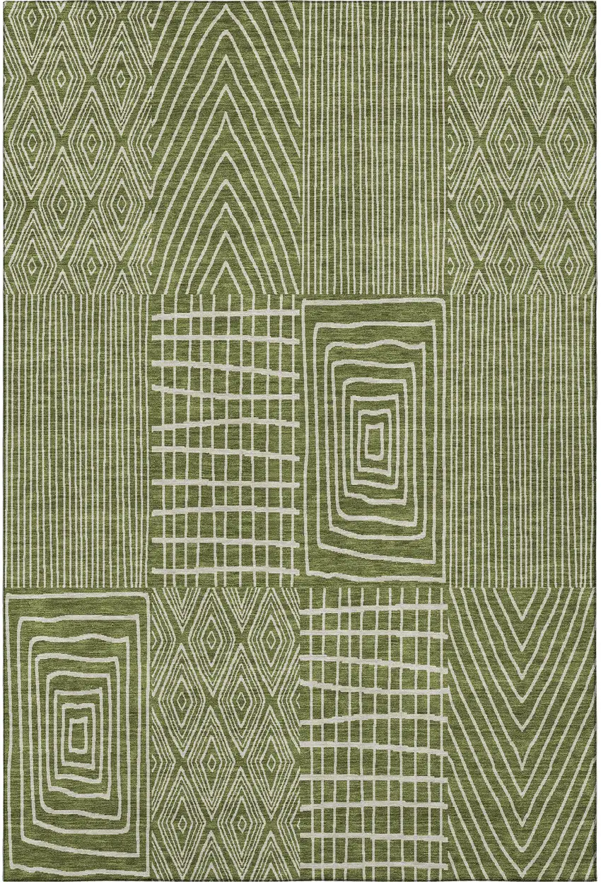 Olive Green And Ivory Geometric Washable Area Rug With UV Protection Photo 2