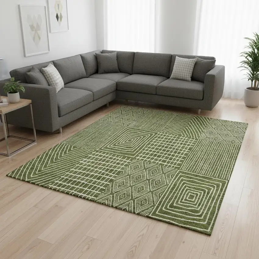 Olive Green And Ivory Geometric Washable Area Rug With UV Protection Photo 2