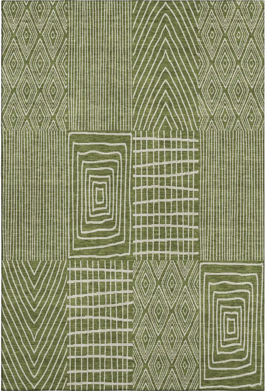 Olive Green And Ivory Geometric Washable Area Rug With UV Protection Photo 1