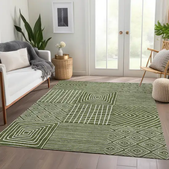Olive Green And Ivory Geometric Washable Area Rug With UV Protection Photo 5