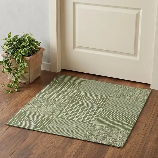 Olive Green And Ivory Geometric Washable Area Rug With UV Protection Photo 1