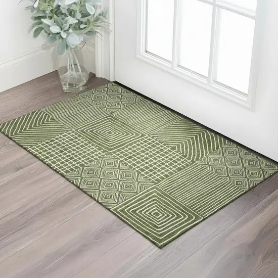 Olive Green And Ivory Geometric Washable Area Rug With UV Protection Photo 2