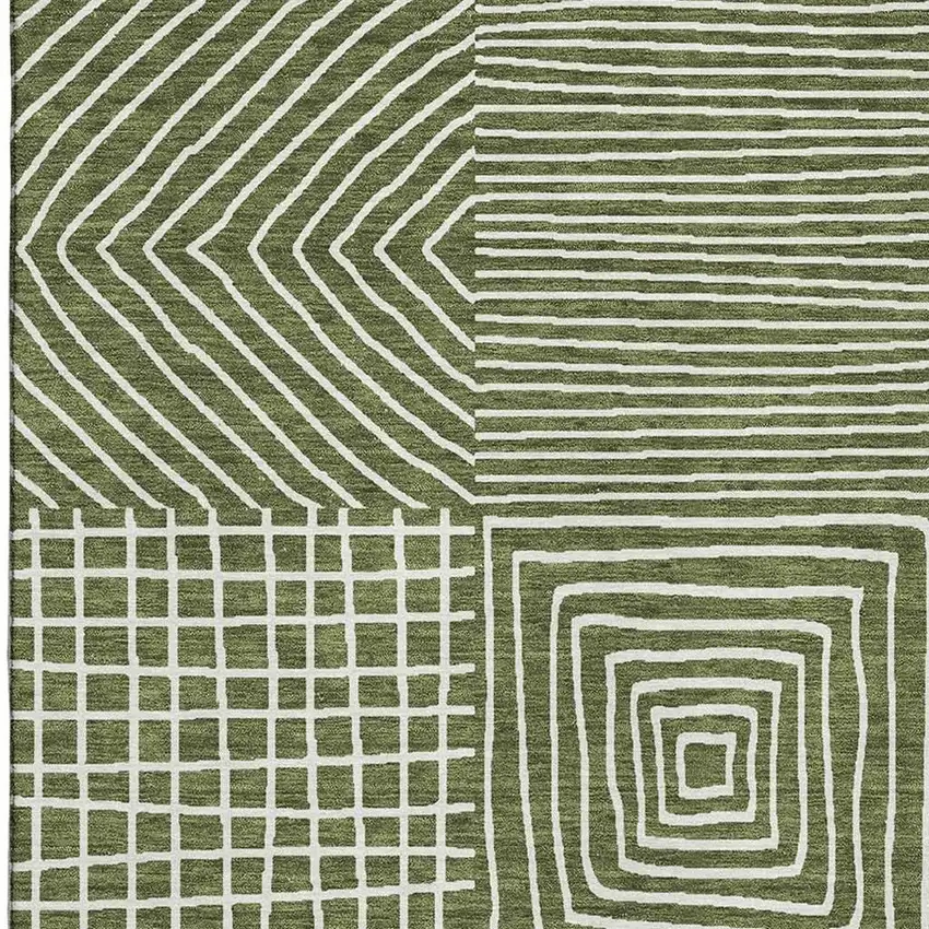 Olive Green And Ivory Geometric Washable Area Rug With UV Protection Photo 2