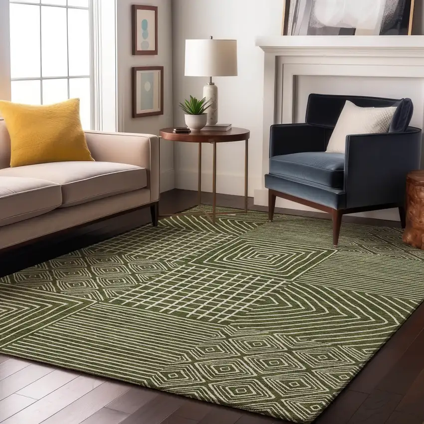 Olive Green And Ivory Geometric Washable Area Rug With UV Protection Photo 4