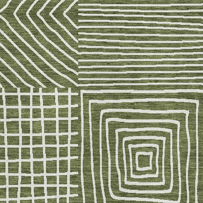 Olive Green And Ivory Geometric Washable Area Rug With UV Protection Photo 2