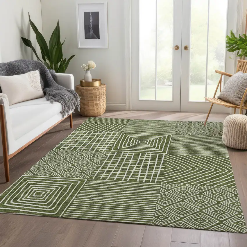 Olive Green And Ivory Geometric Washable Area Rug With UV Protection Photo 5