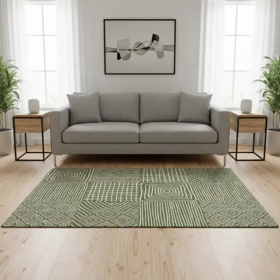 Olive Green And Ivory Geometric Washable Area Rug With UV Protection Photo 2