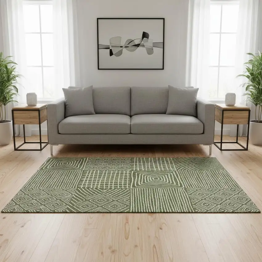 Olive Green And Ivory Geometric Washable Area Rug With UV Protection Photo 2