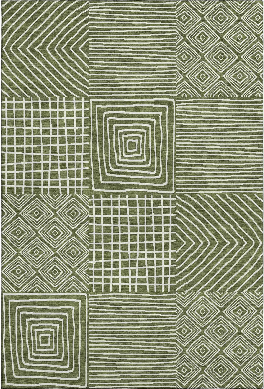 Olive Green And Ivory Geometric Washable Area Rug With UV Protection Photo 1