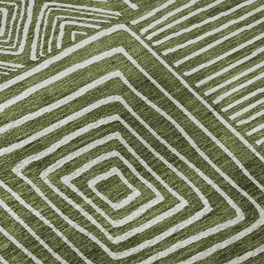 Olive Green And Ivory Geometric Washable Area Rug With UV Protection Photo 9