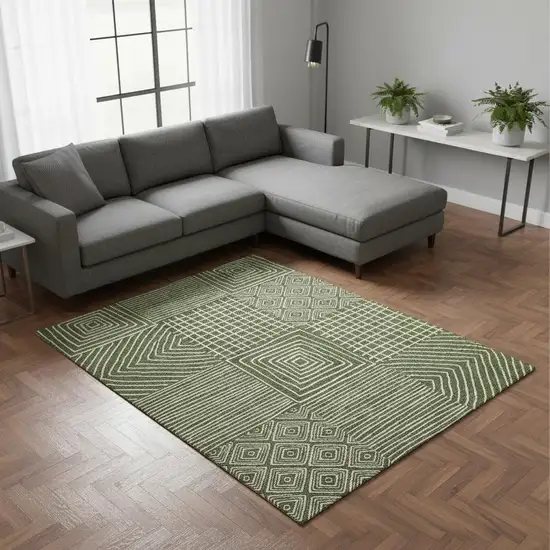 Olive Green And Ivory Geometric Washable Area Rug With UV Protection Photo 2