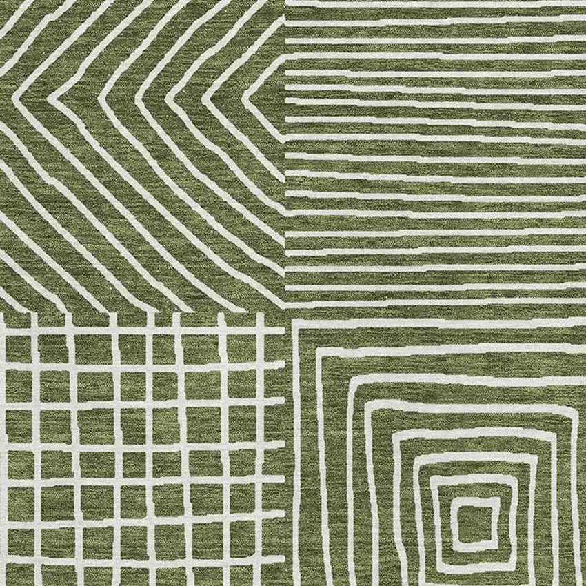 Olive Green And Ivory Geometric Washable Area Rug With UV Protection Photo 2