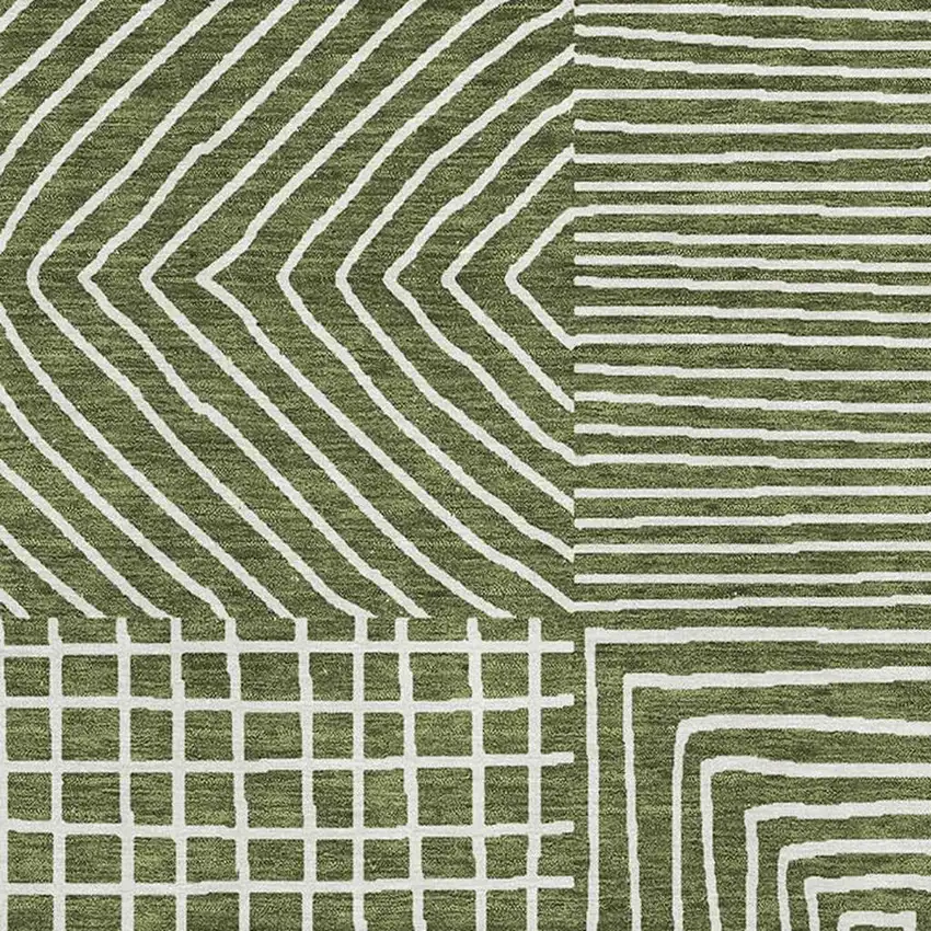 Olive Green And Ivory Geometric Washable Area Rug With UV Protection Photo 2